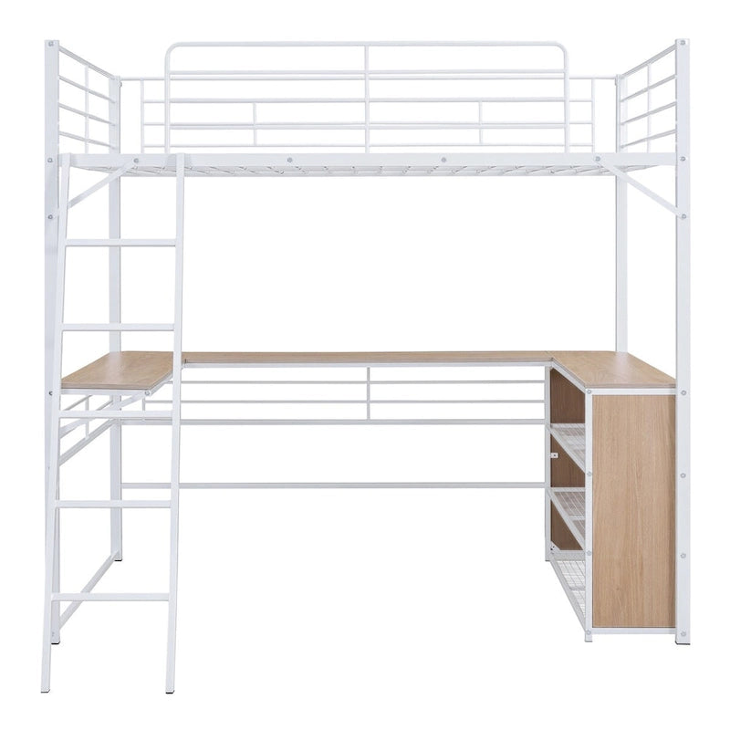 Lit mezzanine en métal avec bureau en L, 3 étagères et échelle réversible