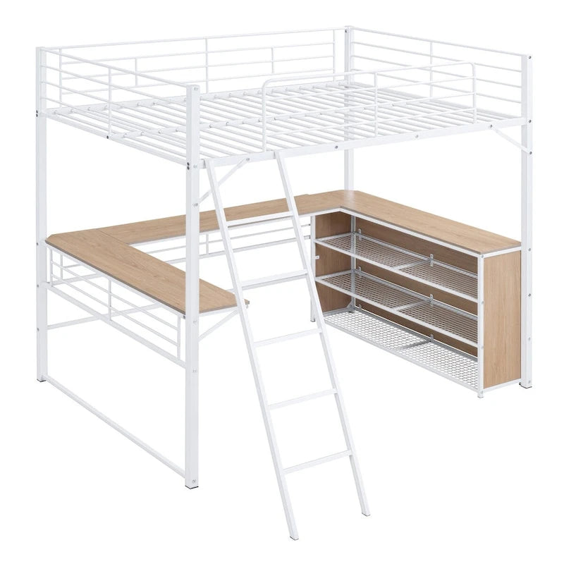 Lit mezzanine en métal avec bureau en L, 3 étagères et échelle réversible
