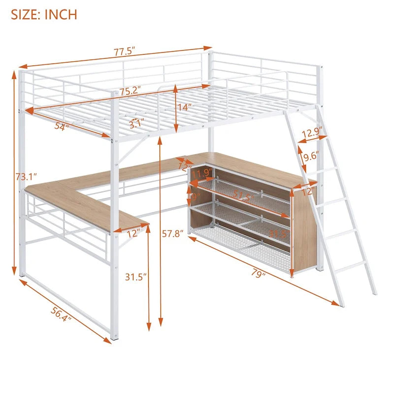 Lit mezzanine en métal avec bureau en L, 3 étagères et échelle réversible