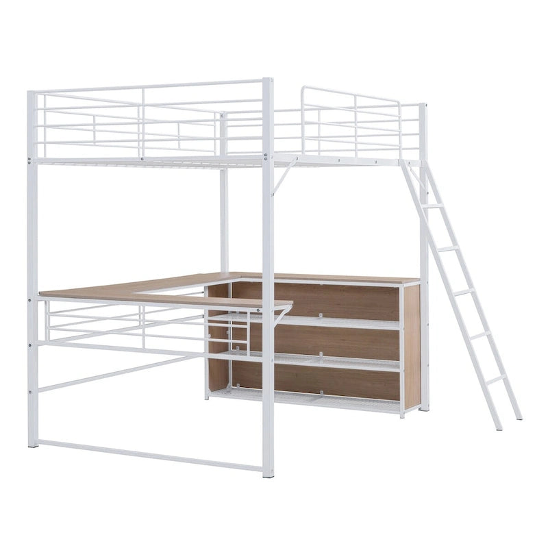 Lit mezzanine en métal avec bureau en L, 3 étagères et échelle réversible