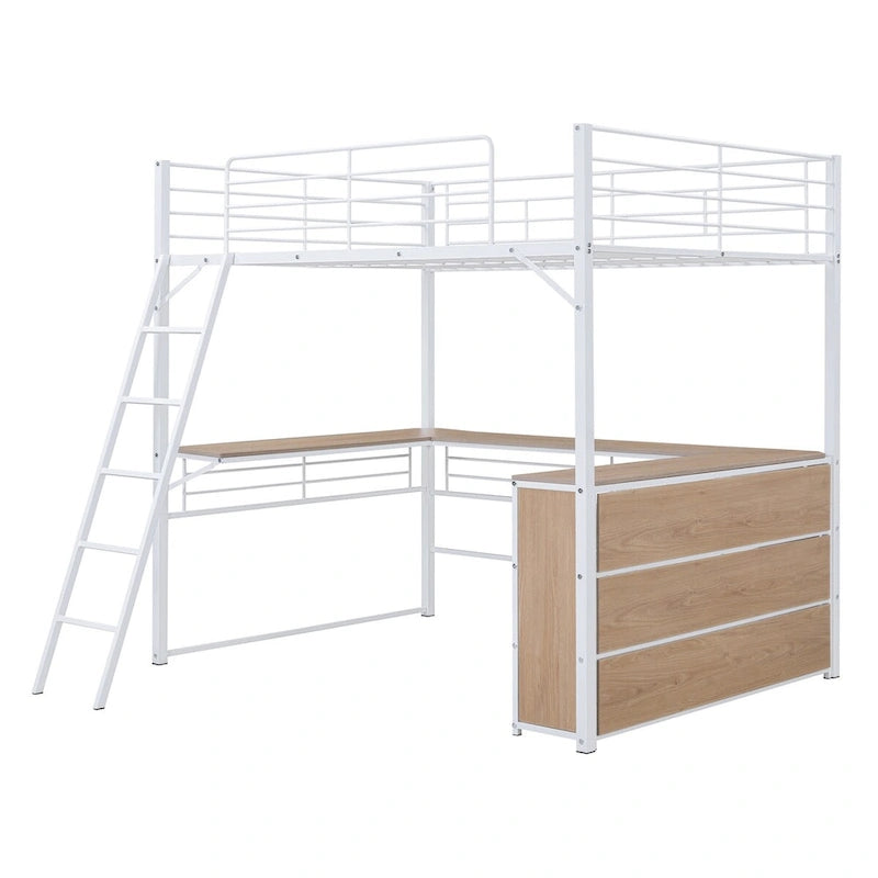 Lit mezzanine en métal avec bureau en L, 3 étagères et échelle réversible