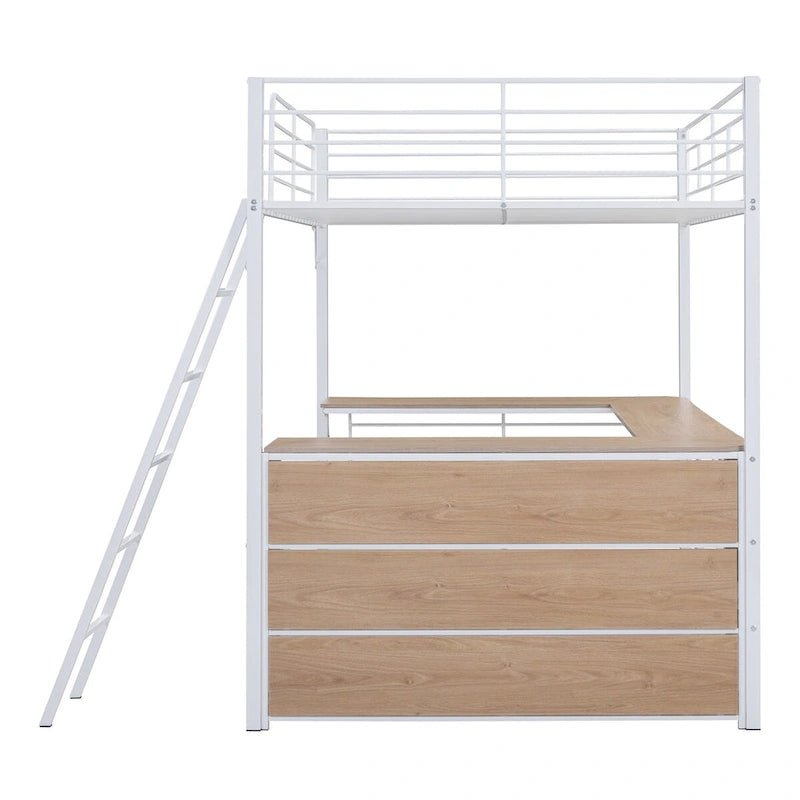 Lit mezzanine en métal avec bureau en L, 3 étagères et échelle réversible