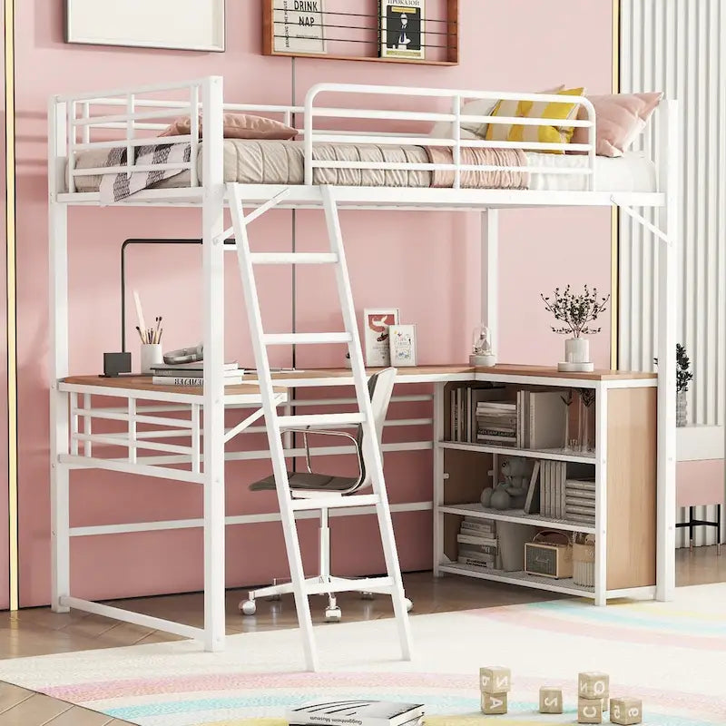 Lit mezzanine en métal avec bureau en L, 3 étagères et échelle réversible