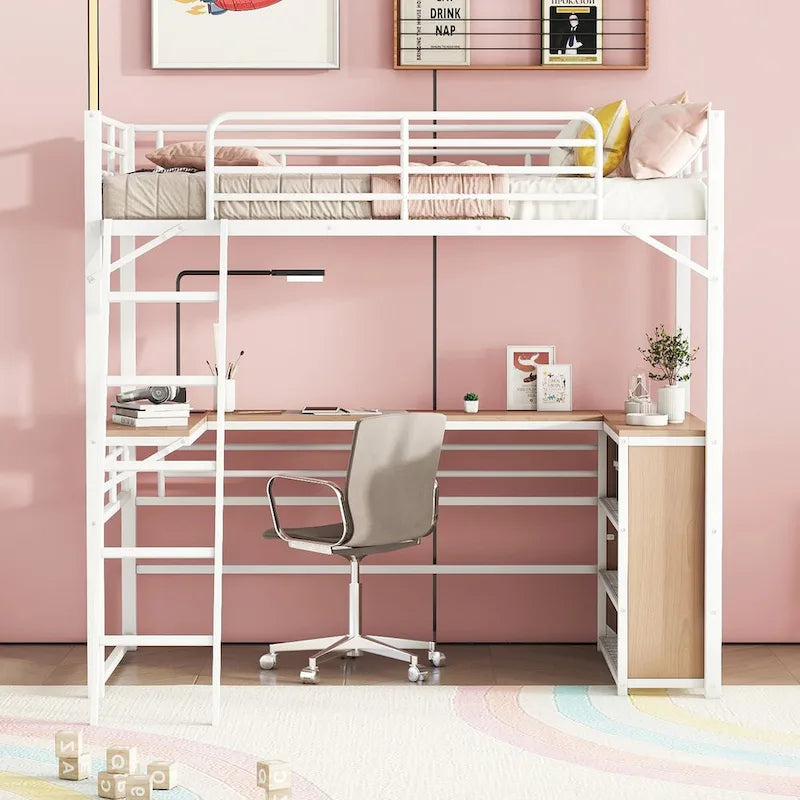 Lit mezzanine en métal avec bureau en L, 3 étagères et échelle réversible