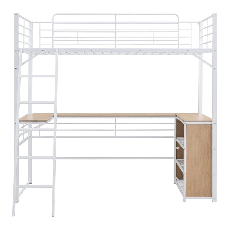 Lit mezzanine en métal avec bureau en L, 3 étagères et échelle réversible