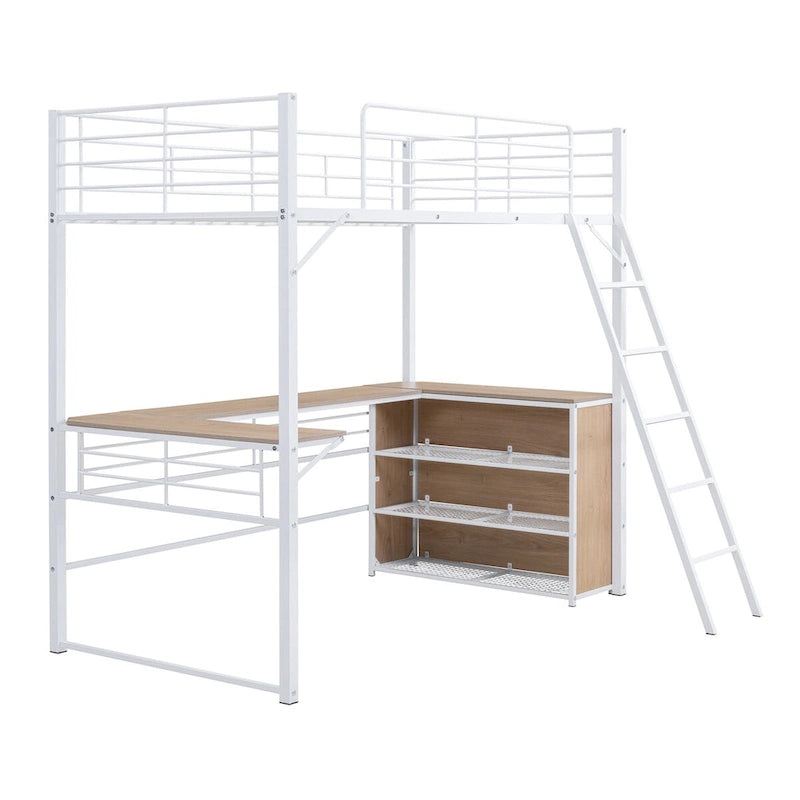 Lit mezzanine en métal avec bureau en L, 3 étagères et échelle réversible