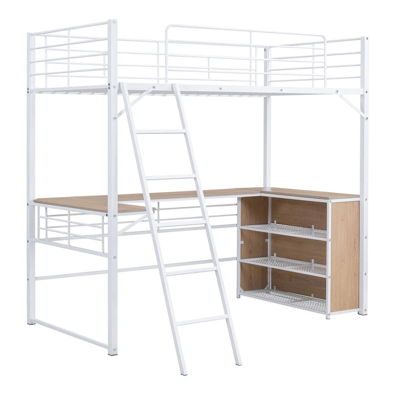 Lit mezzanine en métal avec bureau en L, 3 étagères et échelle réversible