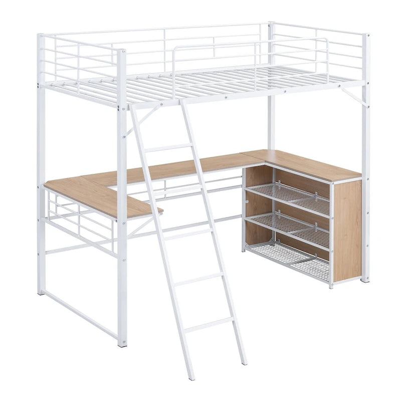 Lit mezzanine en métal avec bureau en L, 3 étagères et échelle réversible