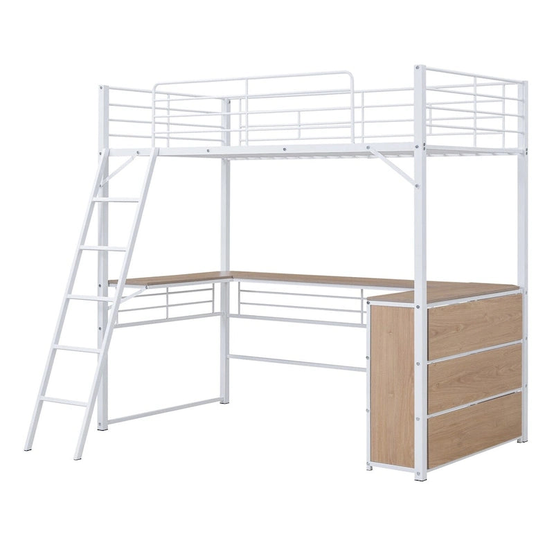 Lit mezzanine en métal avec bureau en L, 3 étagères et échelle réversible