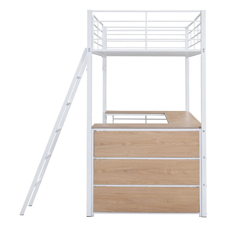 Lit mezzanine en métal avec bureau en L, 3 étagères et échelle réversible