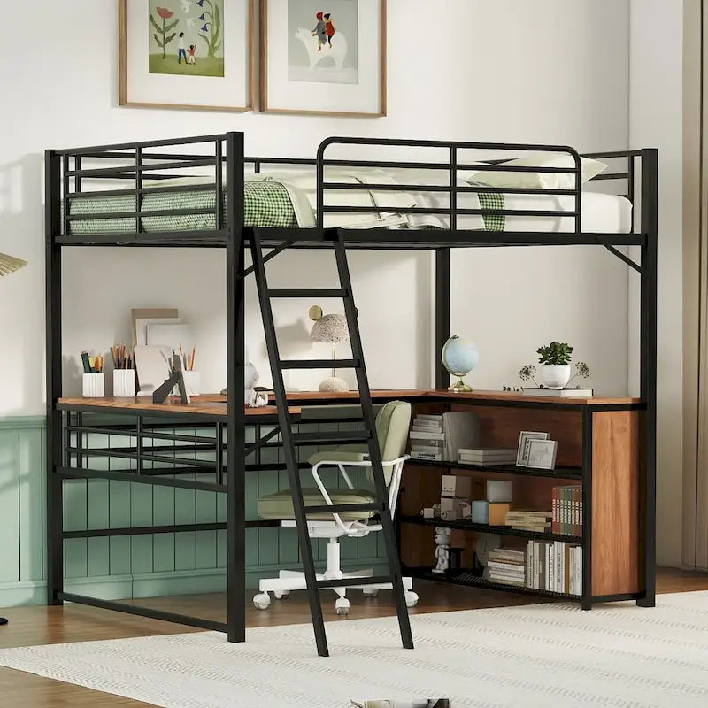 Lit mezzanine en métal avec bureau en L, 3 étagères et échelle réversible