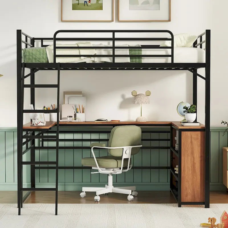 Lit mezzanine en métal avec bureau en L, 3 étagères et échelle réversible