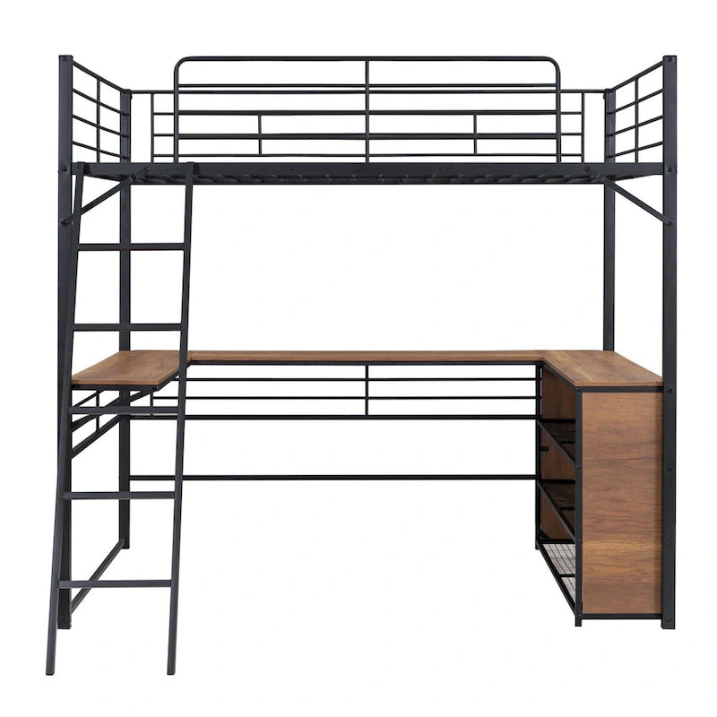 Lit mezzanine en métal avec bureau en L, 3 étagères et échelle réversible