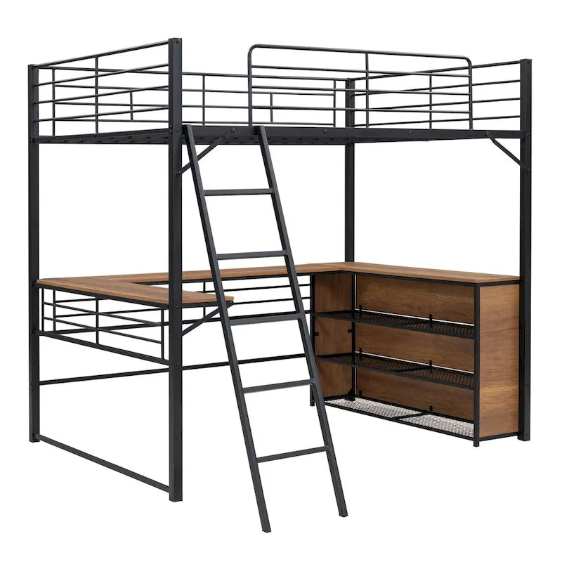 Lit mezzanine en métal avec bureau en L, 3 étagères et échelle réversible