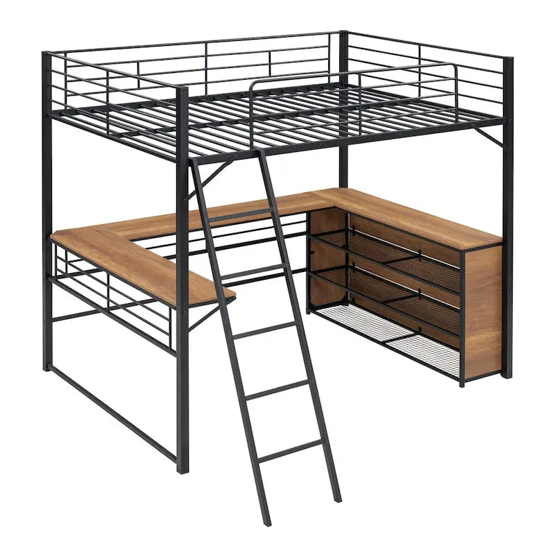 Lit mezzanine en métal avec bureau en L, 3 étagères et échelle réversible
