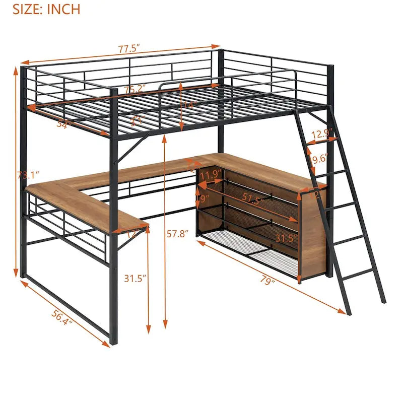 Lit mezzanine en métal avec bureau en L, 3 étagères et échelle réversible