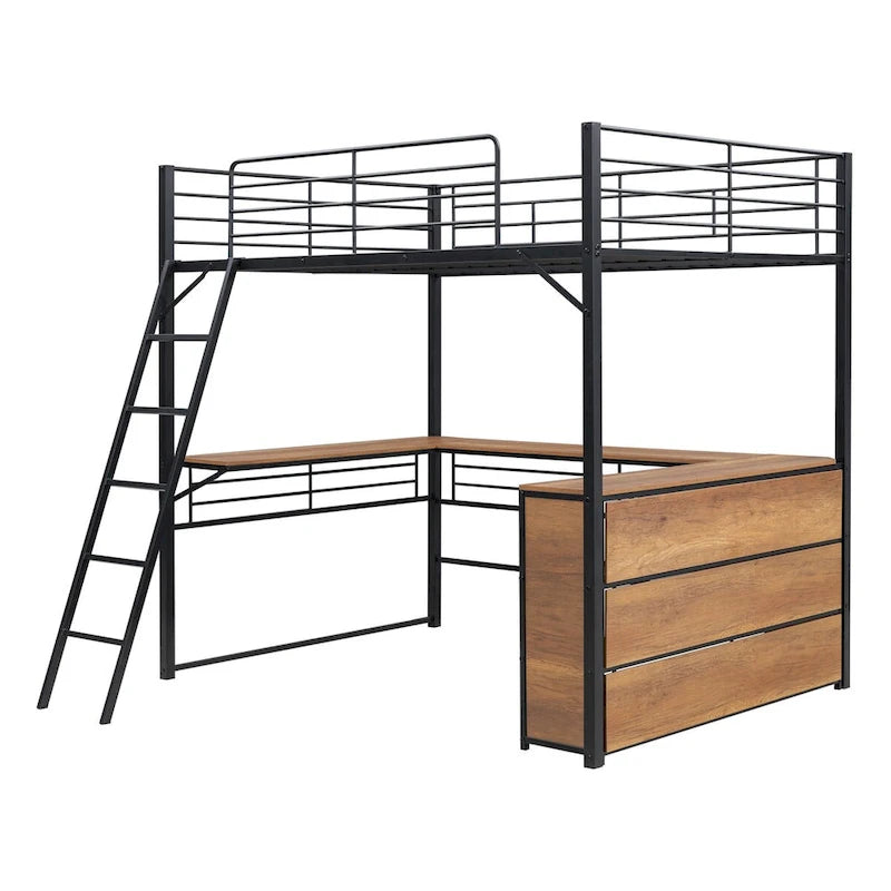 Lit mezzanine en métal avec bureau en L, 3 étagères et échelle réversible