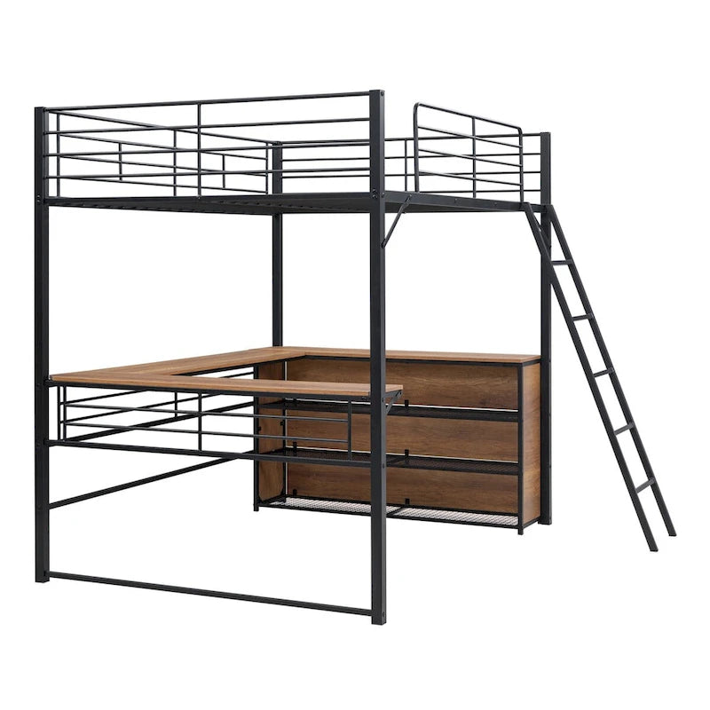 Lit mezzanine en métal avec bureau en L, 3 étagères et échelle réversible