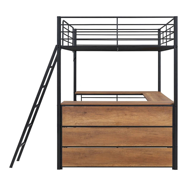 Lit mezzanine en métal avec bureau en L, 3 étagères et échelle réversible