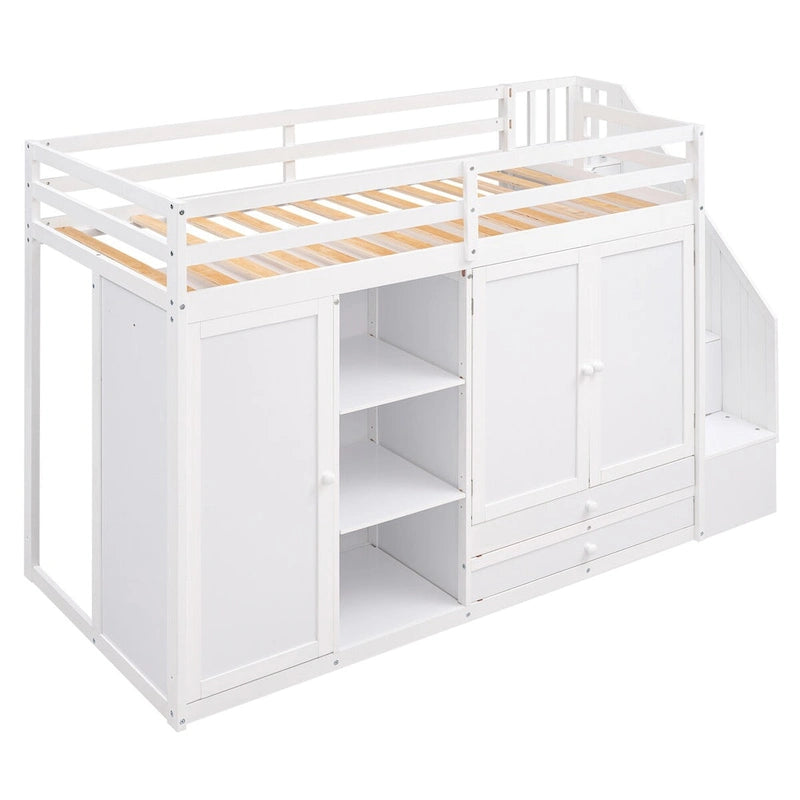 Lit mezzanine double en pin blanc avec étagères, armoires, tiroirs et échelle de rangement