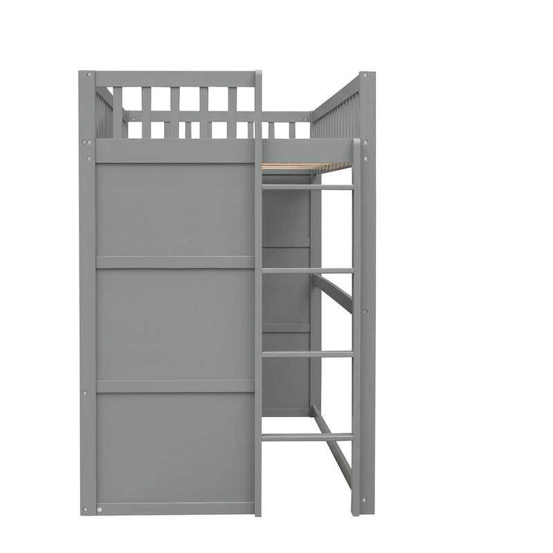 Lit mezzanine double en pin massif de style château gris avec échelle et barrières de sécurité