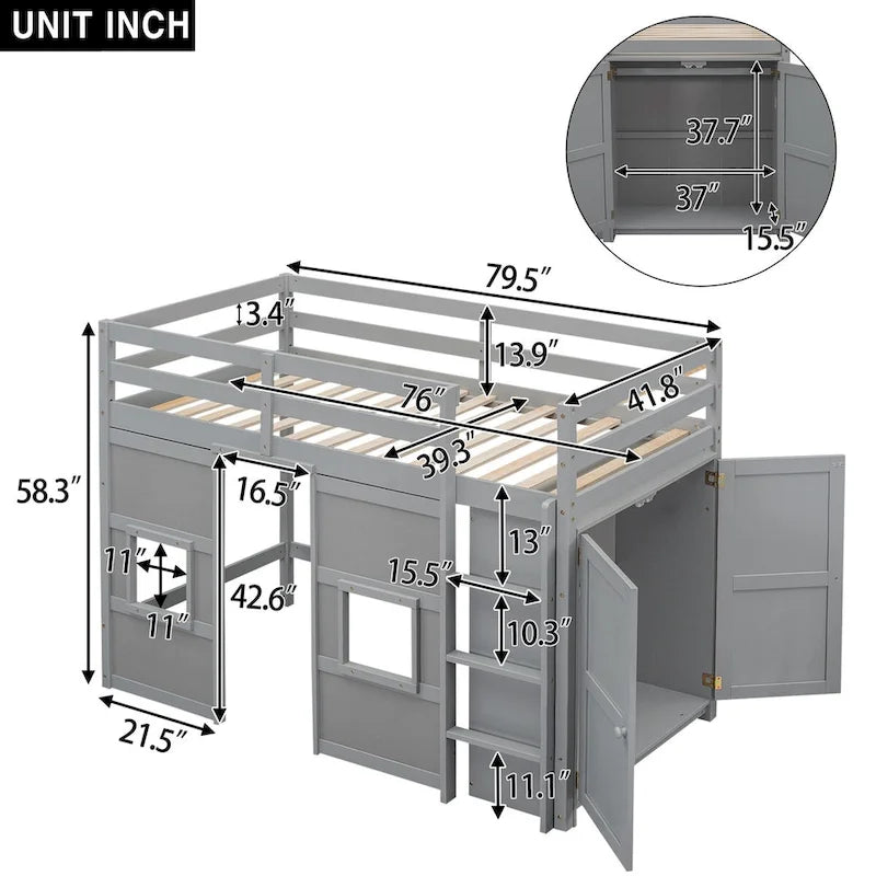 Lit mezzanine en bois, taille double, avec armoire de rangement intégrée, 2 fenêtres et barrières de sécurité sur toute la longueur