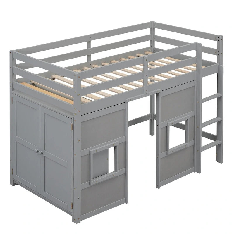 Lit mezzanine en bois, taille double, avec armoire de rangement intégrée, 2 fenêtres et barrières de sécurité sur toute la longueur
