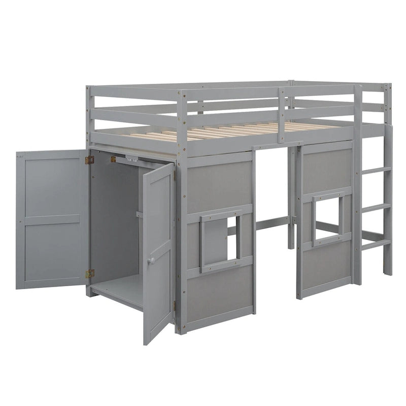 Lit mezzanine en bois, taille double, avec armoire de rangement intégrée, 2 fenêtres et barrières de sécurité sur toute la longueur