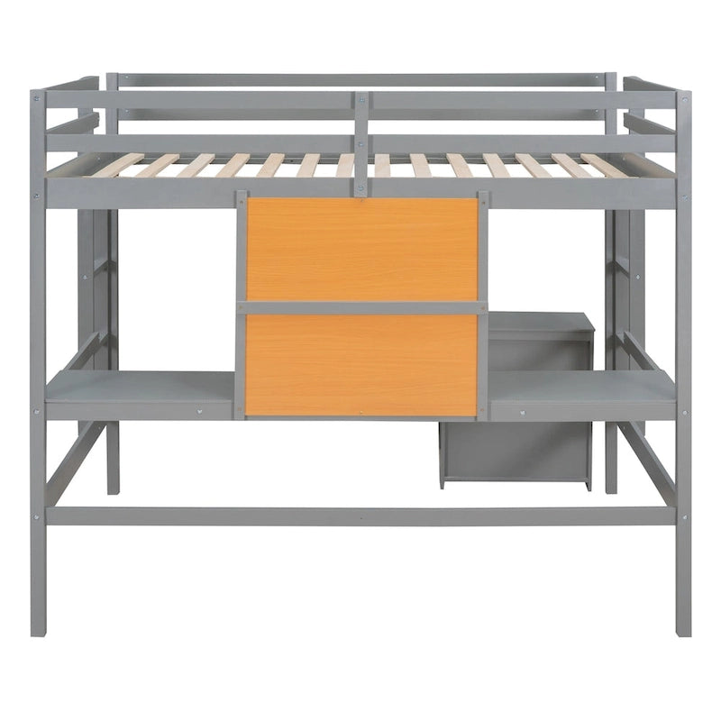 Lit mezzanine en bois de pin gris avec bureau, armoire, tableau d'écriture et barrière de sécurité sur toute la longueur