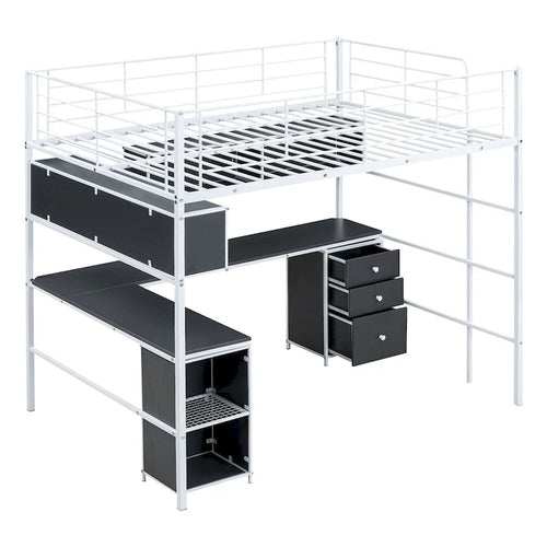 Metal Loft Bed With Bookcase,Desk And Cabinet,Full