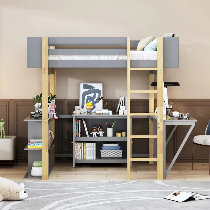 Lit mezzanine double en bois avec armoire et rangements cubiques
