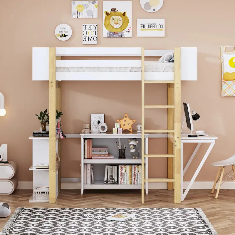 Lit mezzanine double en bois avec armoire et rangements cubiques