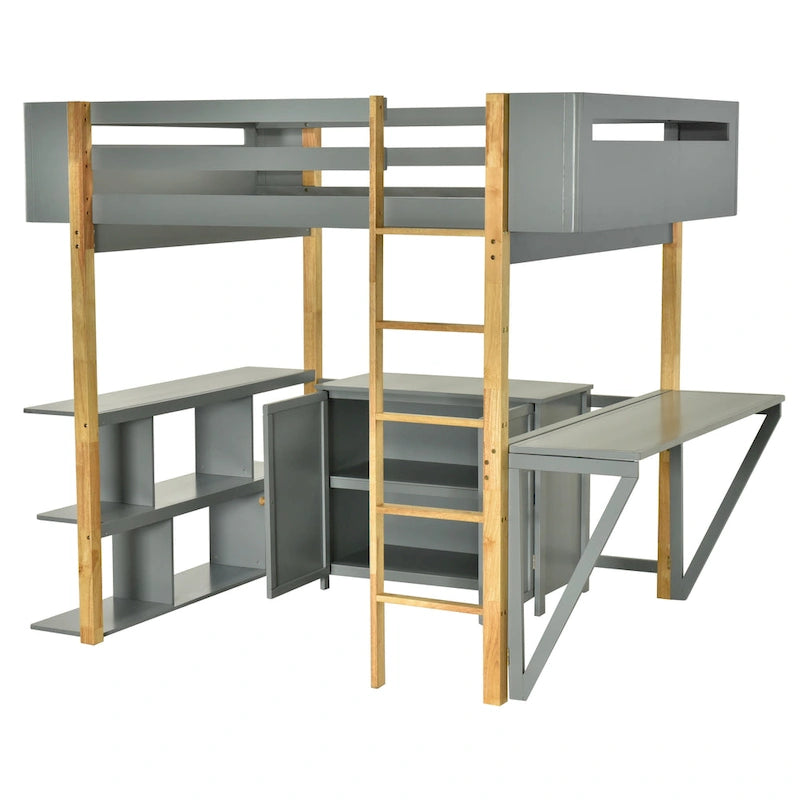 Lit mezzanine double en bois avec armoire et rangements cubiques