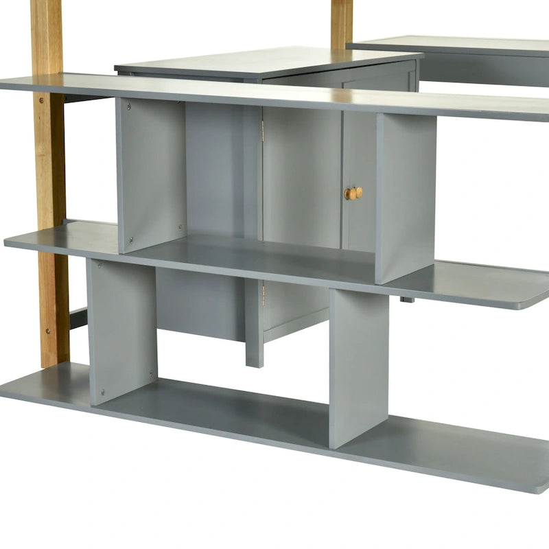 Lit mezzanine double en bois avec armoire et rangements cubiques