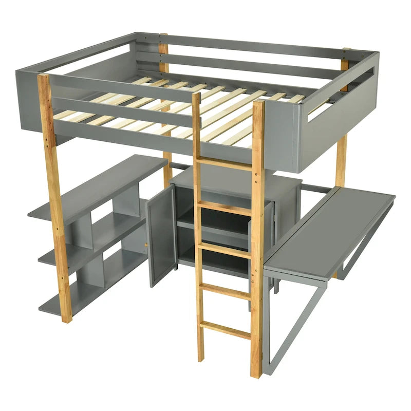 Lit mezzanine double en bois avec armoire et rangements cubiques