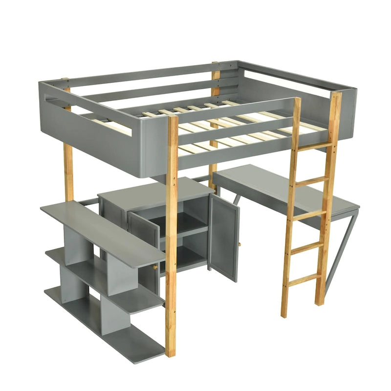 Lit mezzanine double en bois avec armoire et rangements cubiques