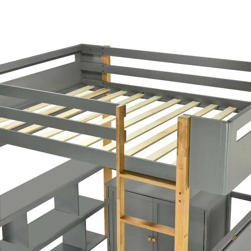 Lit mezzanine double en bois avec armoire et rangements cubiques