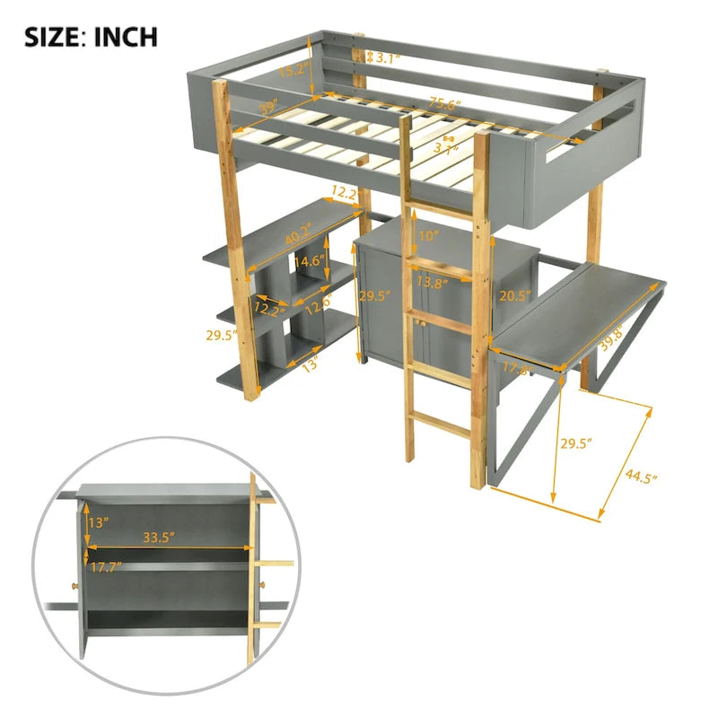 Lit mezzanine double en bois avec armoire et rangements cubiques