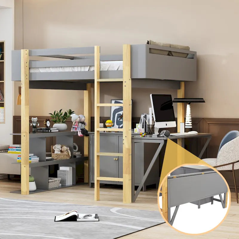 Lit mezzanine double en bois avec armoire et rangements cubiques