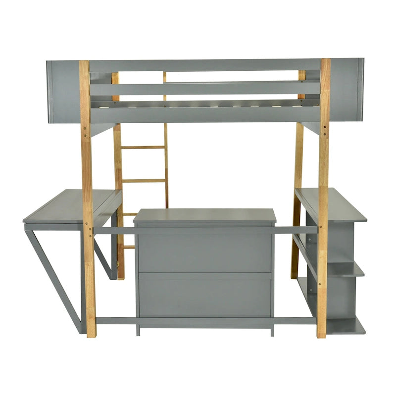 Lit mezzanine double en bois avec armoire et rangements cubiques