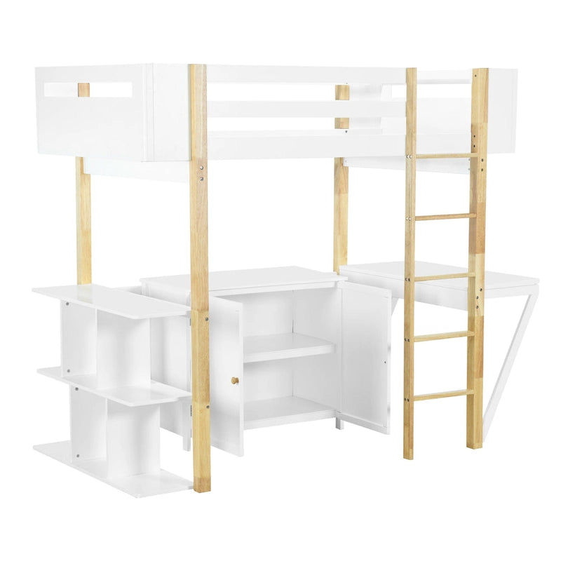 Lit mezzanine double en bois avec armoire et rangements cubiques