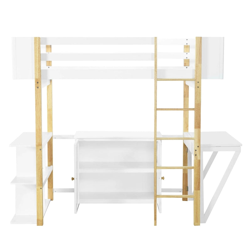 Lit mezzanine double en bois avec armoire et rangements cubiques