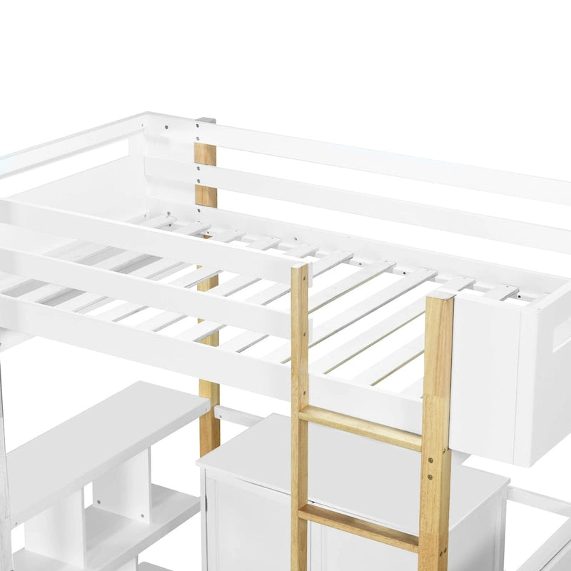 Lit mezzanine double en bois avec armoire et rangements cubiques