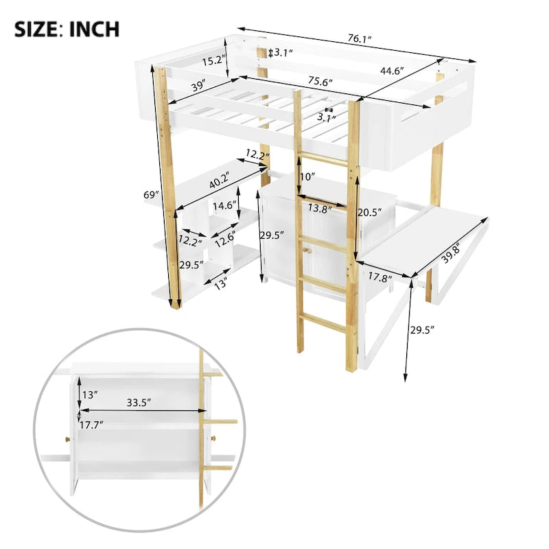 Lit mezzanine double en bois avec armoire et rangements cubiques