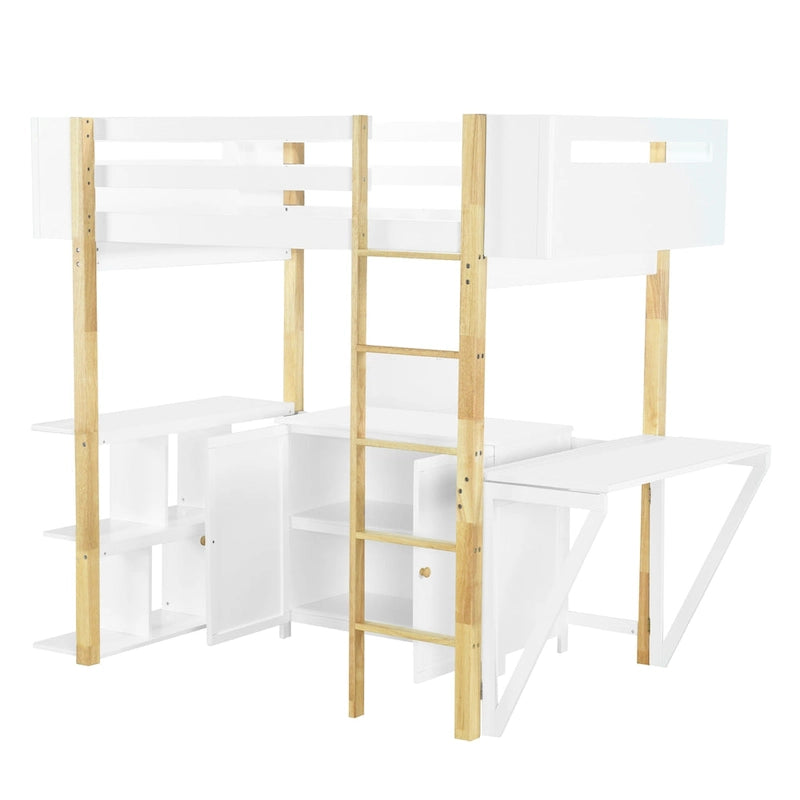 Lit mezzanine double en bois avec armoire et rangements cubiques