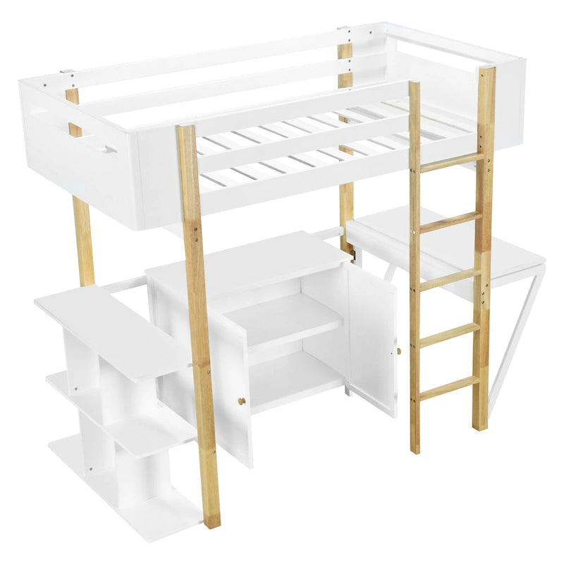 Lit mezzanine double en bois avec armoire et rangements cubiques