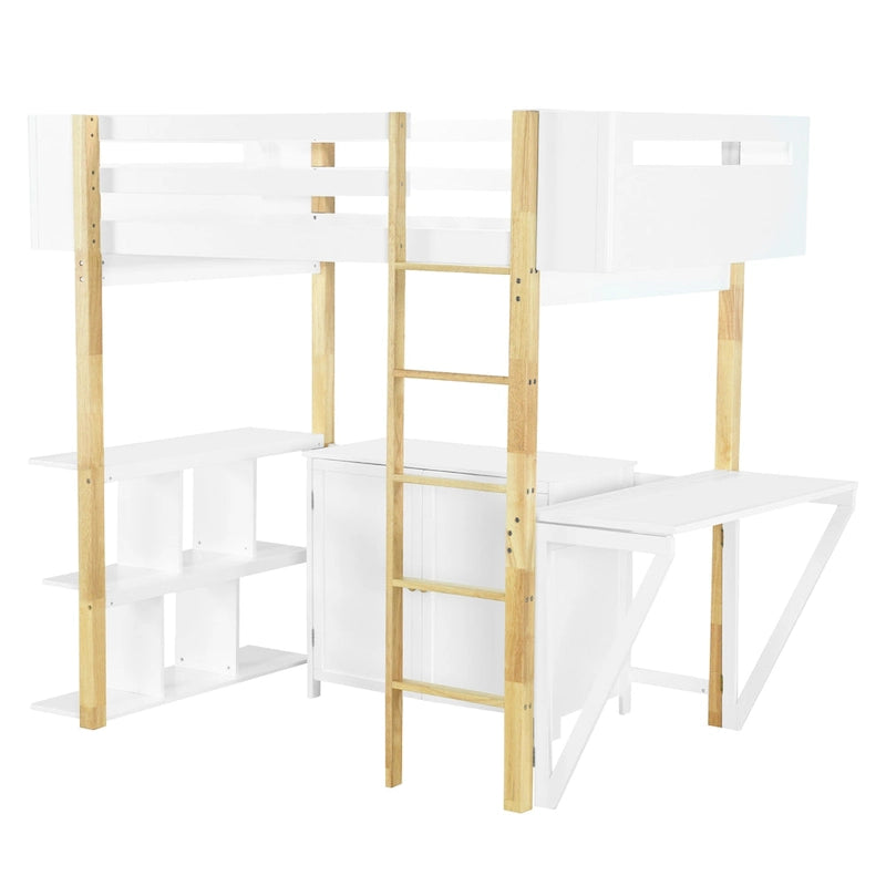 Lit mezzanine double en bois avec armoire et rangements cubiques