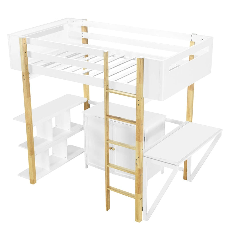 Lit mezzanine double en bois avec armoire et rangements cubiques