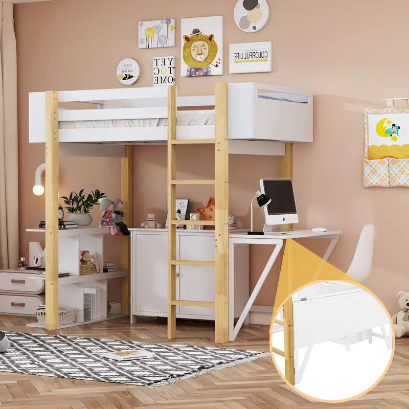 Lit mezzanine double en bois avec armoire et rangements cubiques