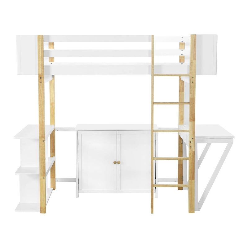Lit mezzanine double en bois avec armoire et rangements cubiques